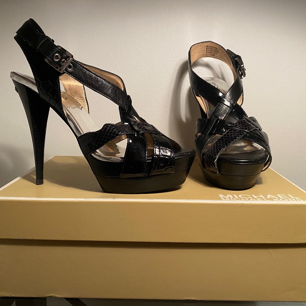 Michael Kors Niki Cross Strap Snakeskin Heel